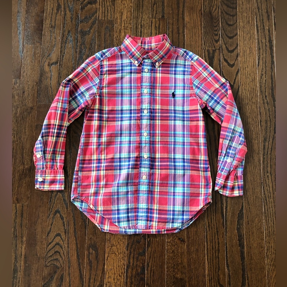 Polo Ralph Lauren Boys 8 Pink/Red/Blue Plaid Button Down Collared Shirt - EUC!